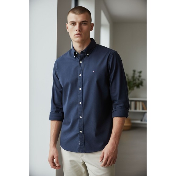 Tommy Hilfiger Men's Long Sleeve Button Down‎ Shirt Custon Fit Navy SZ XS Preppy - Picture 2 of 15